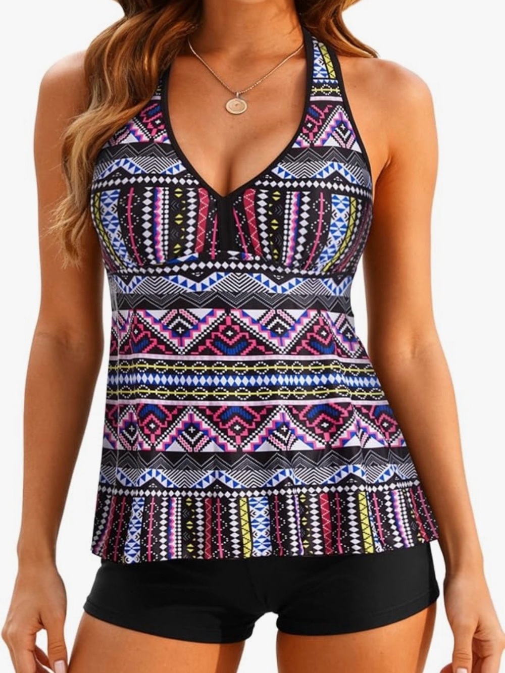 Tempt Me Geometric Print V-Neck Swim Tank Top - Pink & Black